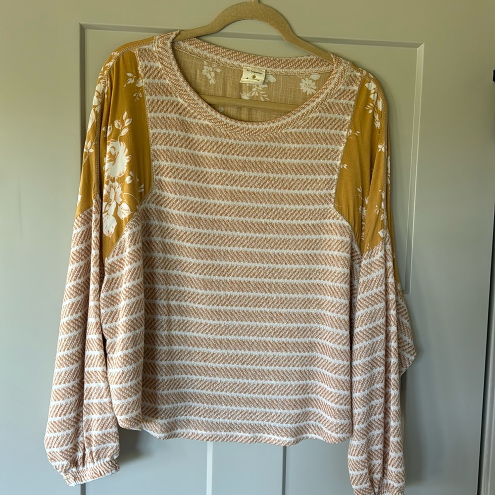 By Together mustard floral and stripe lightweight sweater